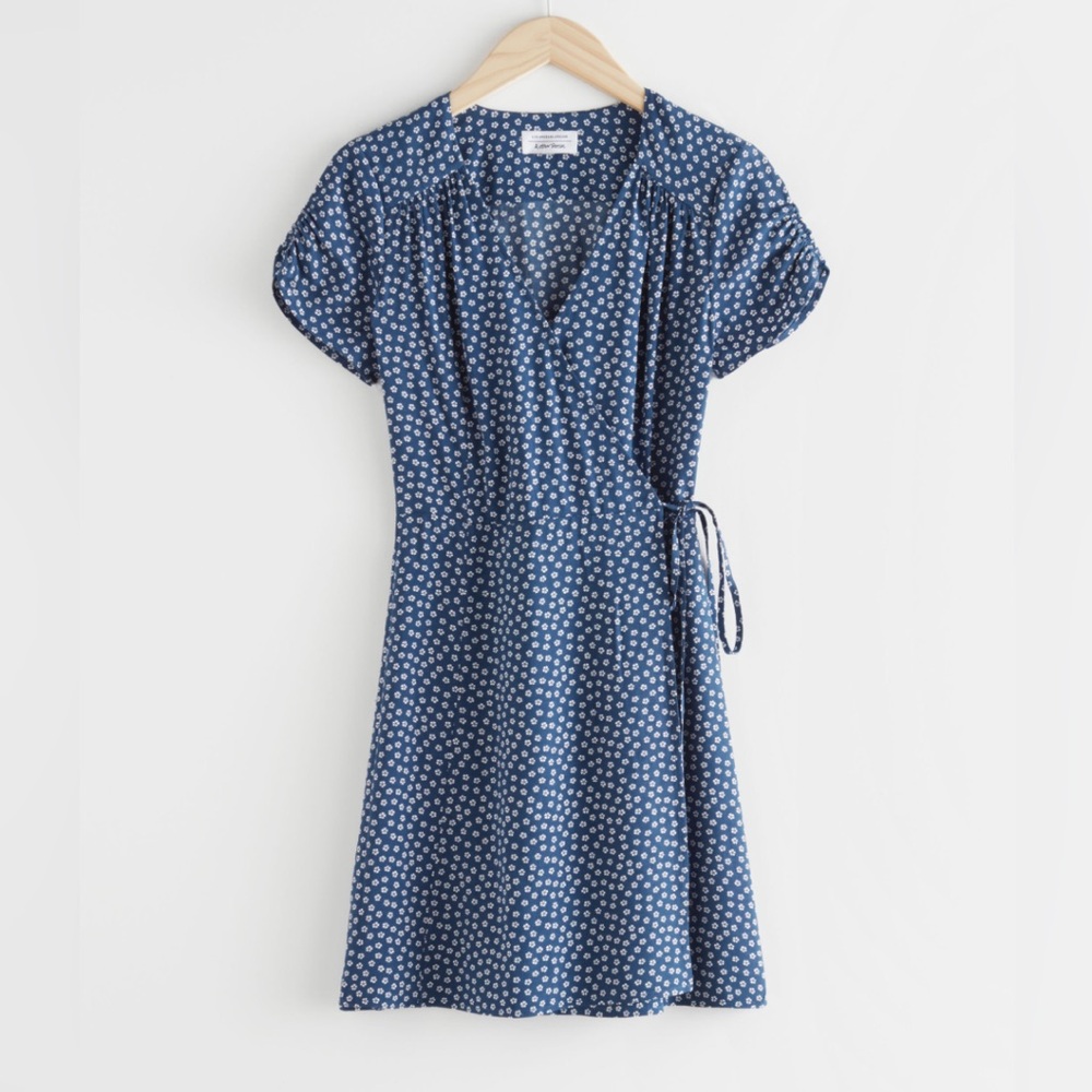 &Other Stories micro floral wrap mini dress blue dots NWOT